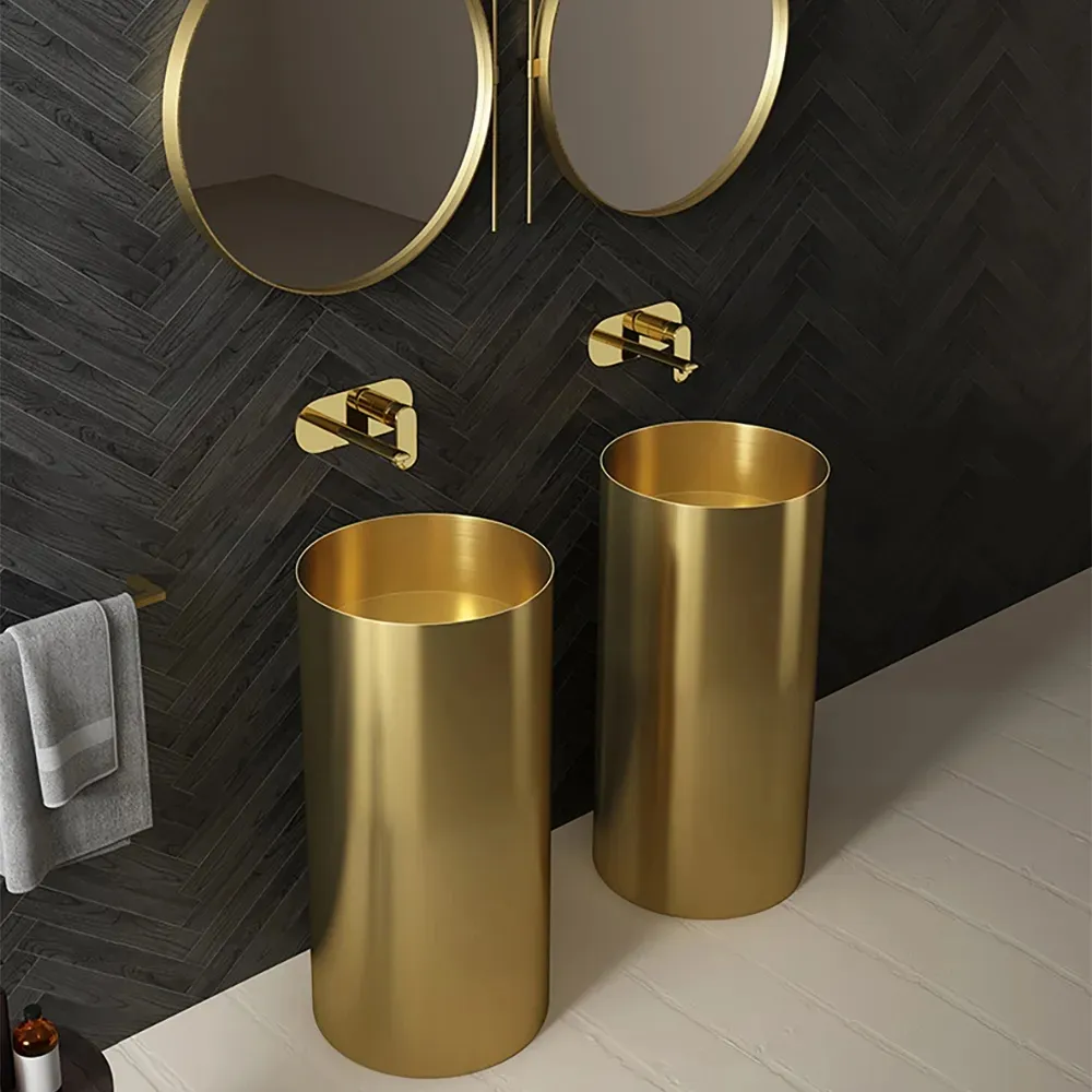 Modern Luxury Bathroom Gold Golden Round Type 304 Stainless Steel Pedestal Free standing Sink Basin