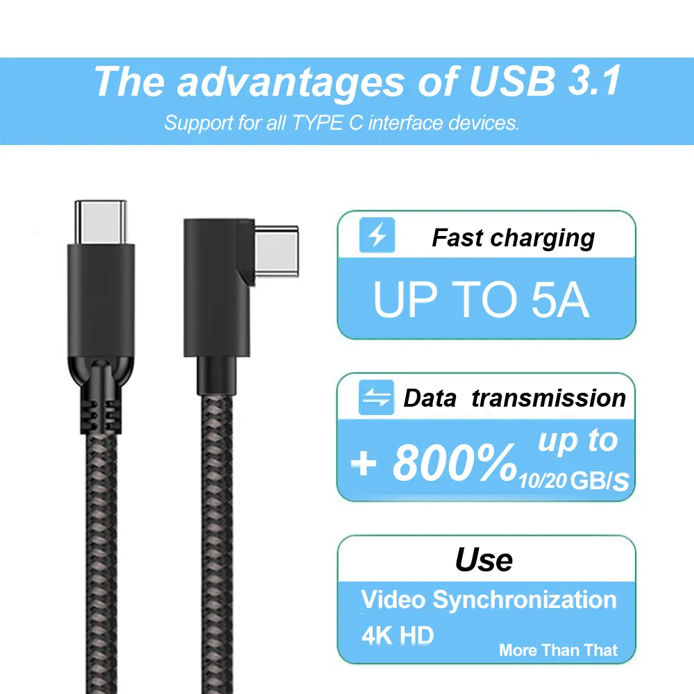 Usb Cable 3.1 Gen1 5Gbps USB Type-C Cable 5M To Type A For Oculu Quest Link 3.0 Charging Cable Straight USB C To 90 Degree USB C PD Cable