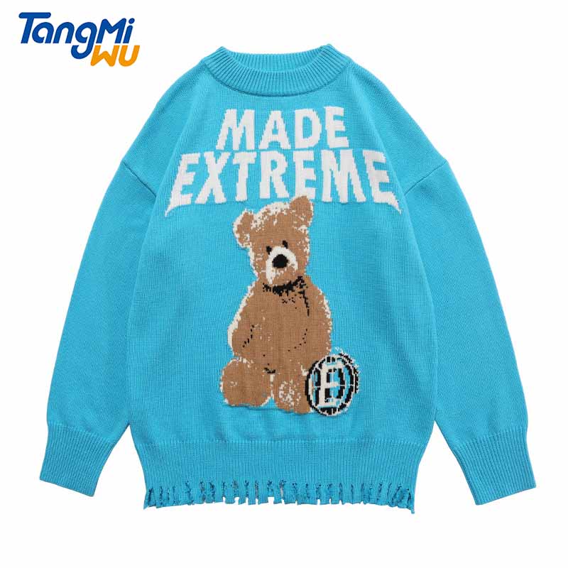 TMW wholesale autumn cartoon graphic jacquard sweater heren trui loose fringed hem men's wool sweater