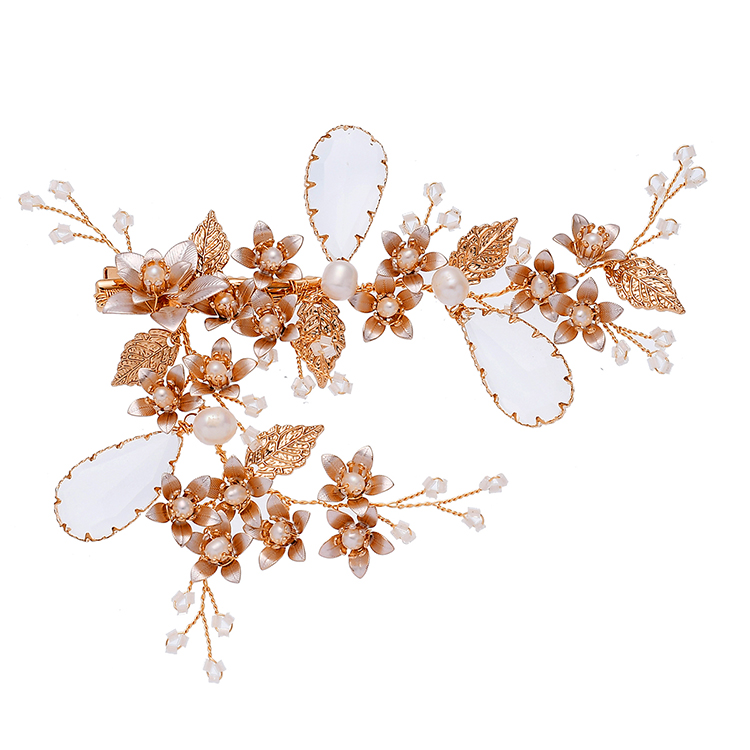 Newest Wedding Bride Crystal Headdress Party Prom Handmade Gold Leaves Fancy Hair Clips Women
