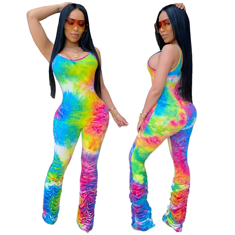 New Arrivals Ladies Rompers Casual Wear Sleeveless Summer Rainbow Print Tie Dyed Strap Wrinkle One Piece Women Jumpsuit