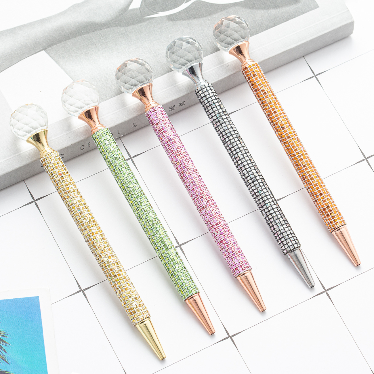 rose gold silver plated shiny bling grid diamond pen with a big beauty crystal diamond on the top beautiful gift pen for lady