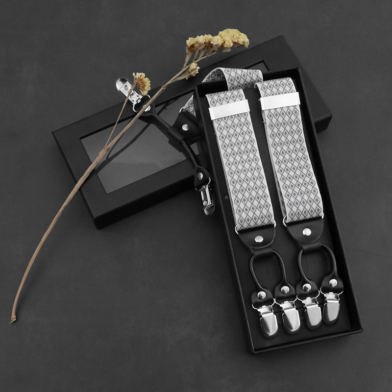 Wholesales Custom Braces Diamond Pattern 6 clips Y Back Gift Box Set Adjustable Elastic Suspenders for Men
