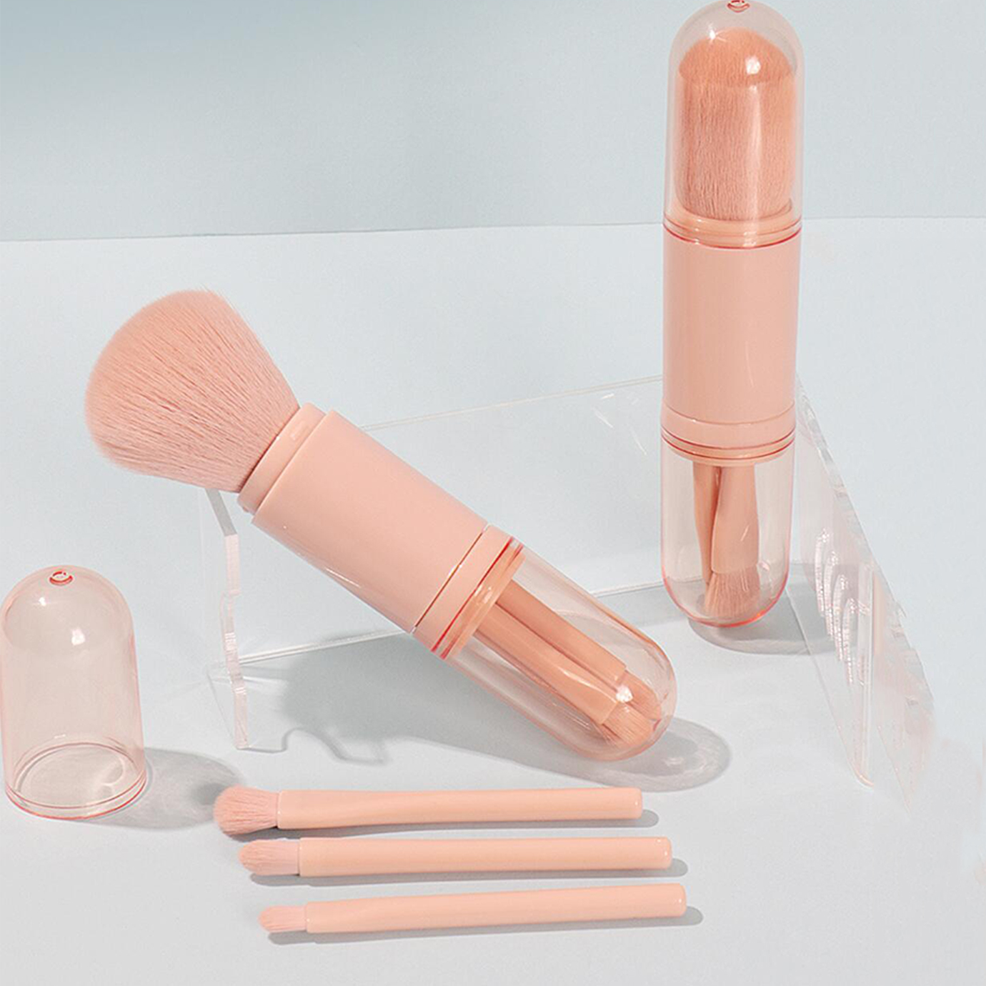 Custom Travel Size Double Ended Makeup Brush Kit, brochas de maquillaje, 4 in 1 Mini Makeup Brush Set