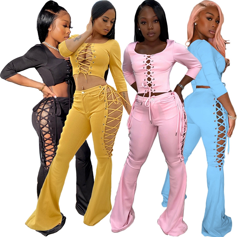Womens fall clothing 2021 tracksuits 2 piece set Lace Up Crop Top flare pants Two Piece Pants Set