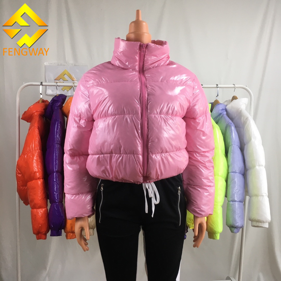 2021 Hot Selling Warm Puffer Jacket Women Shiny Bubble Coats Stand Collar Zipper Pocket Crop Top Jacket Winter outfits for women