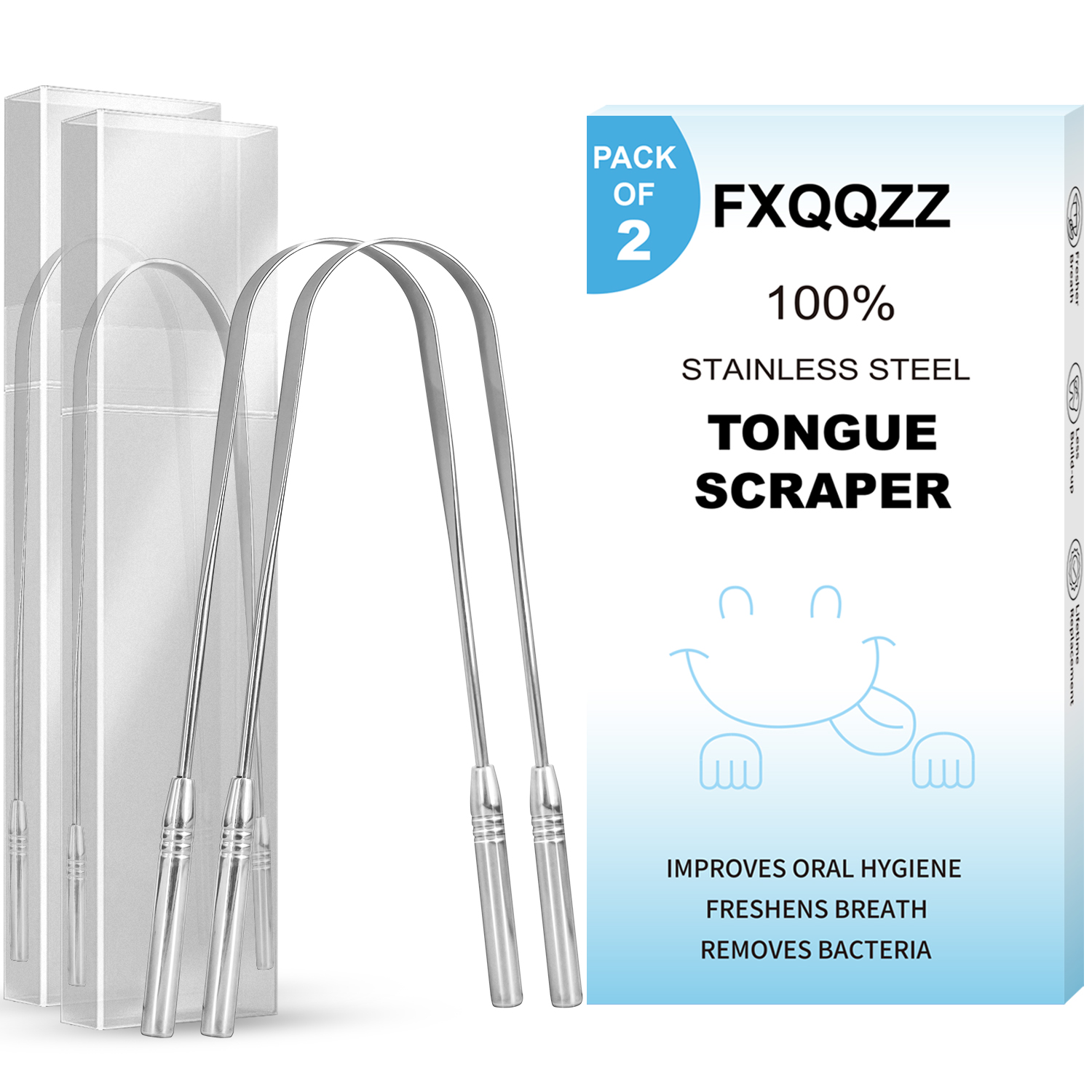 Customized Newly Designed 2 Pack Of 304 Stainless Steel Fresh Oral Tongue Scraper With Travel Cases