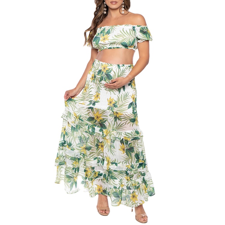 Custom women off shoulder plus size maternity print floral two piece maxi dress sets pregnant clothes