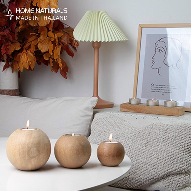 Ball Shape Wooden Candle Container Stand Holder Mango Wood Candle Holder With Metal Liner Wooden Candle Holder For Home Decor