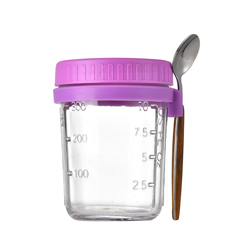 350ml Crystal White Material Graduated Glass Bottle with Lid and Spoon Set Overnight Oatmeal Cups Glass Containers Mason Jars