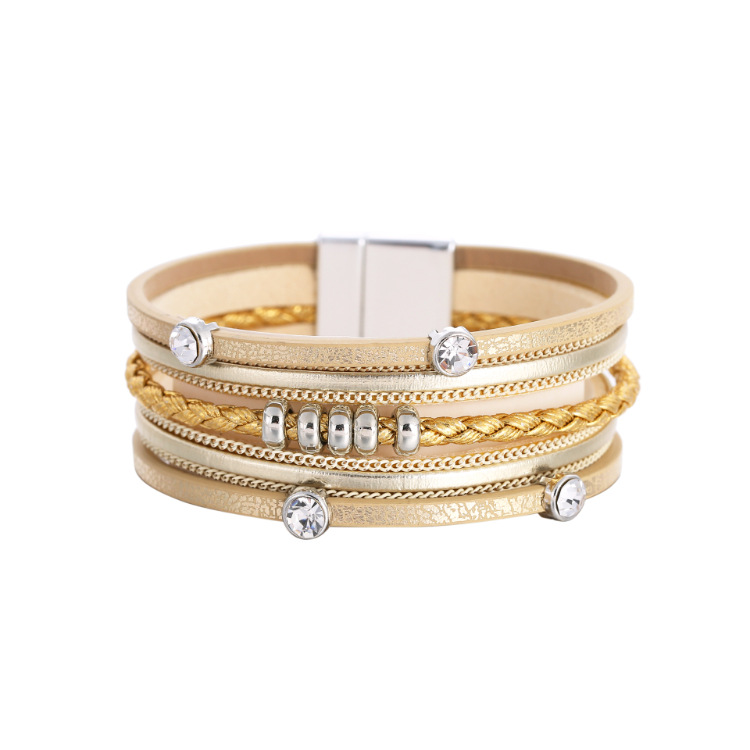 European American Women Accessories Crystal Leather Bracelet Newest Design Multi Layer Braided Rope Genuine Leather Bracelet