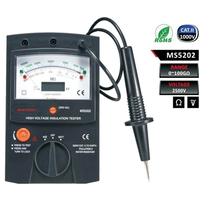 MASTECH MS5202 цифровой/аналоговый/двойной дисплей/указатель мегометр тестер сопротивления изоляции до 2500 в 100000 МОм