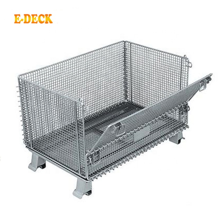 Heavy-duty industrial demountable collapsible warehouse folding forklift welded steel storage rigid wire mesh crates
