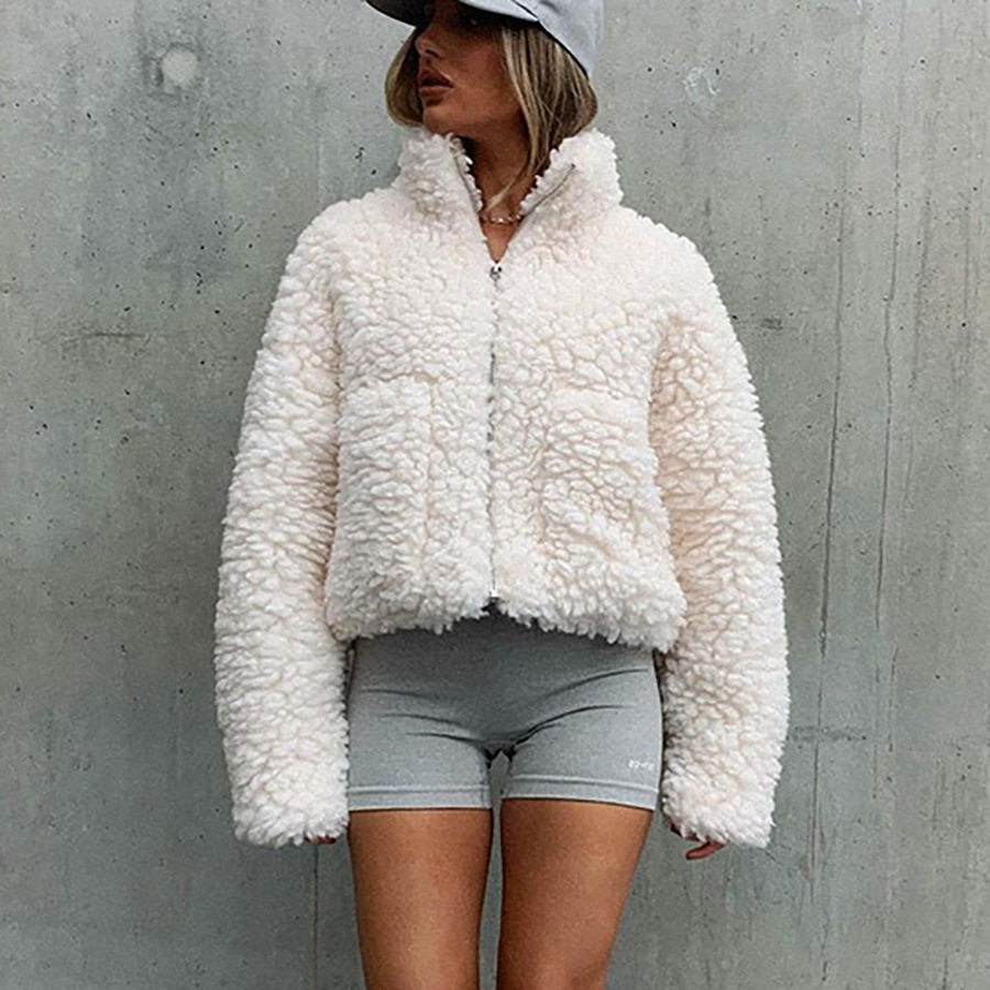 2021 New Styles Women's Warm Casual Stand Collar Long-sleeved Fashion Plush Cardigan Short Ladies Jacket coat