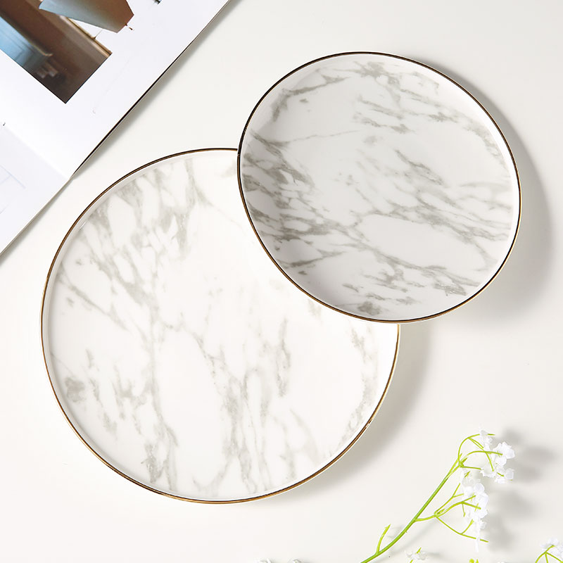 WEIYE 2021 hot sale 7/ 8.5 inch OEM/ODM decal marble dish porcelain plate round shallow ceramic plate with gold rim