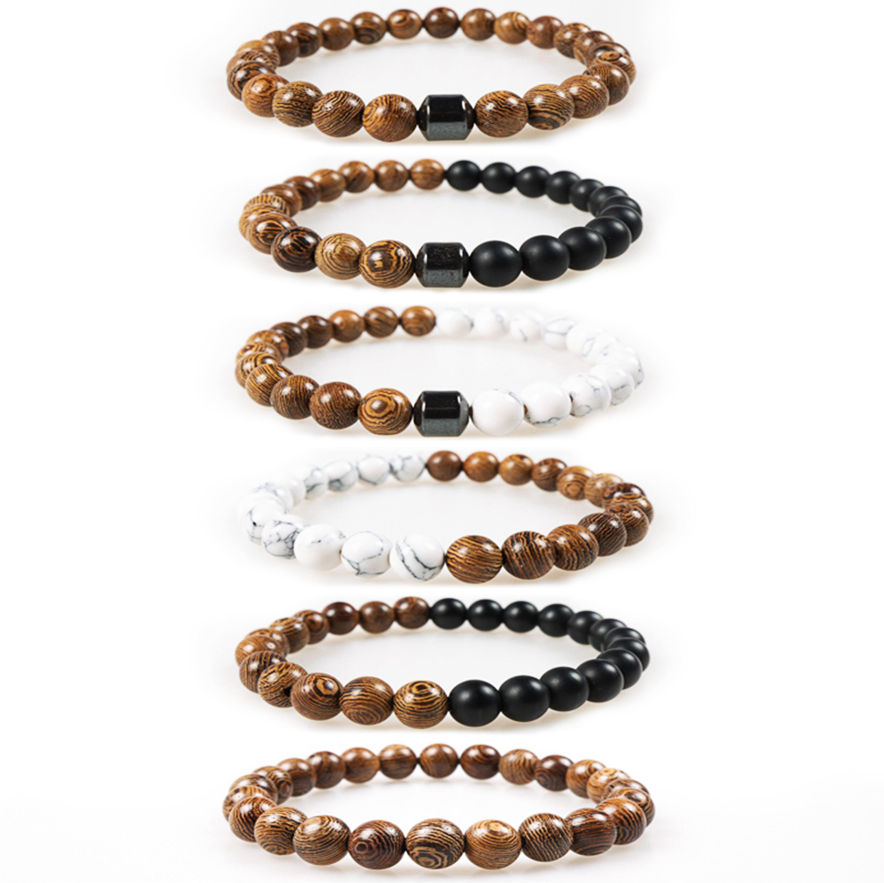 CLARMER Wholesale New Fashion Men Women Custom Laser Logo Magnet Matt Black White 8mm Natural Stone Wood Bead Bracelet