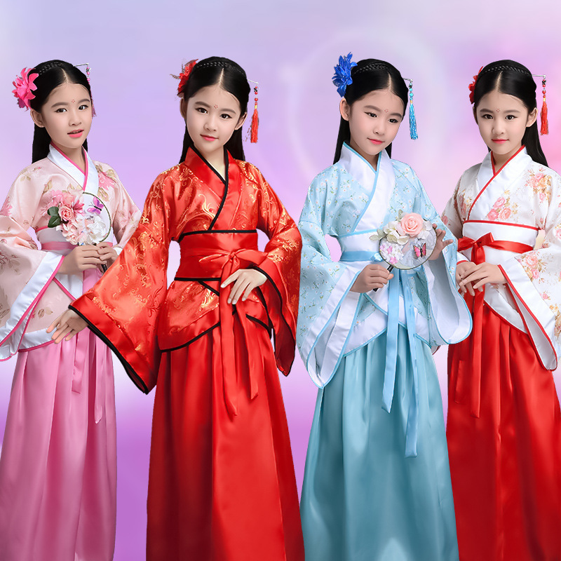 Chinese Silk Robe Costume Girls Children Kimono China Traditional Vintage Ethnic Students Chorus Dance Hanfu Costume