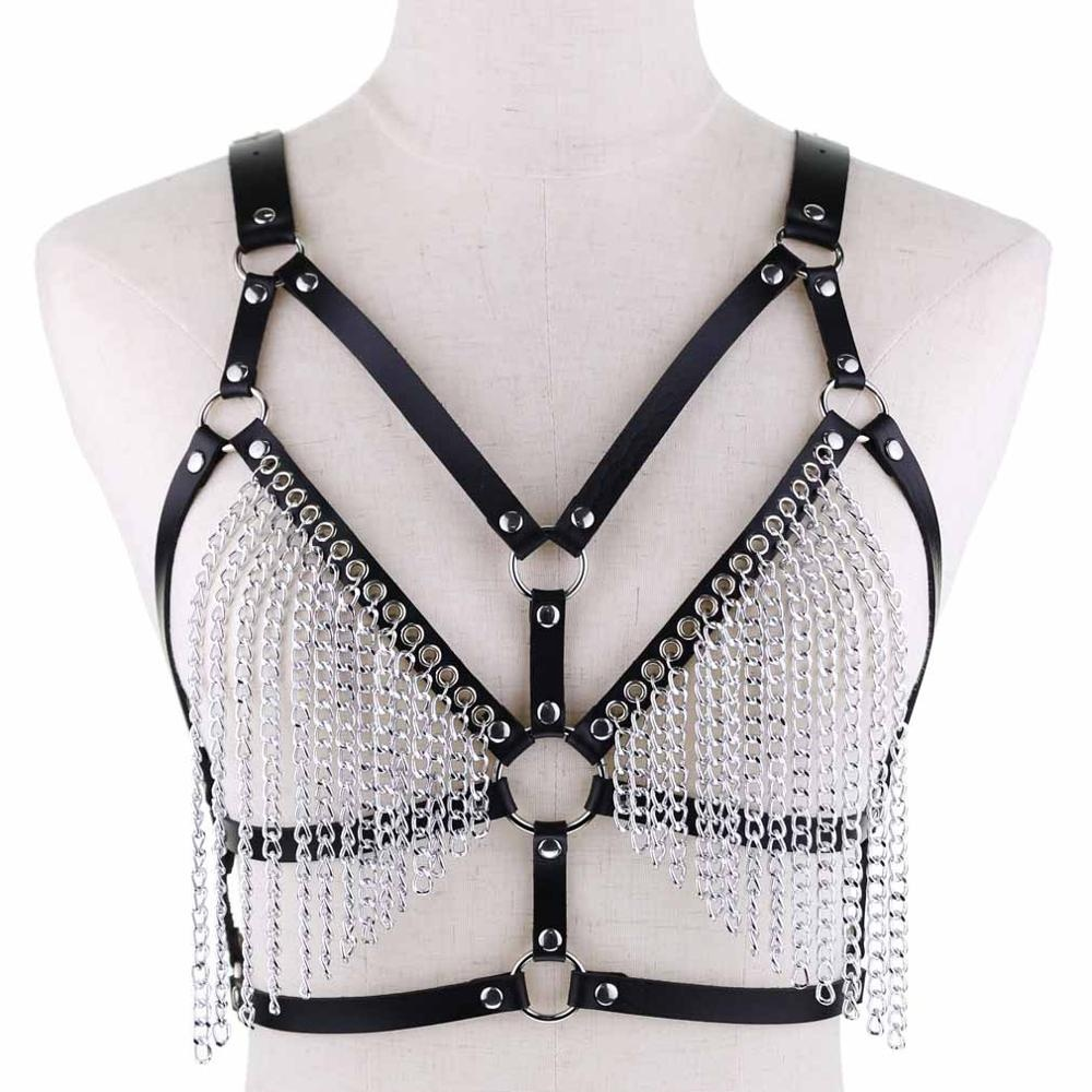Sexy Punk Style Sexy Leather Harness Body Chain Bikini Bra Goth Punk Rock Bondage Chest Belt With Chain Tassel Tanks Waist Belts