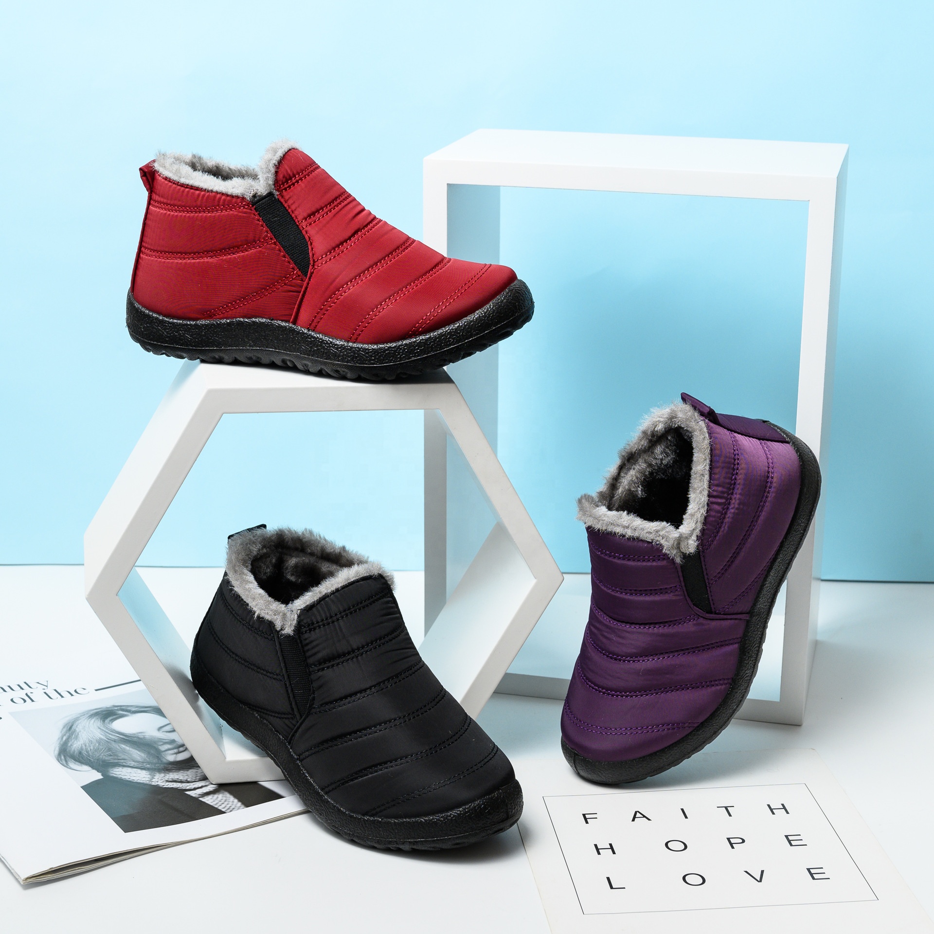 Fast shipping waterproof nylon quilted booties women female chunky warm rain boots ladies ankle winter fur snow boots for women