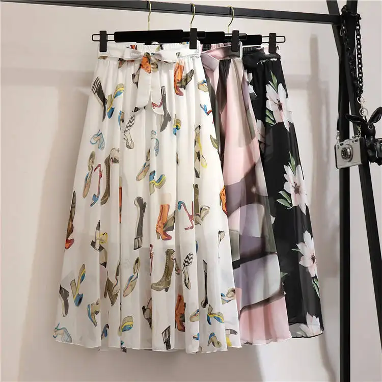Women Summer Skirts 2022 Vintage Printed Chiffon A-Link Skirt Bow Waist Casual Holiday Beach Midi Skirt Stock