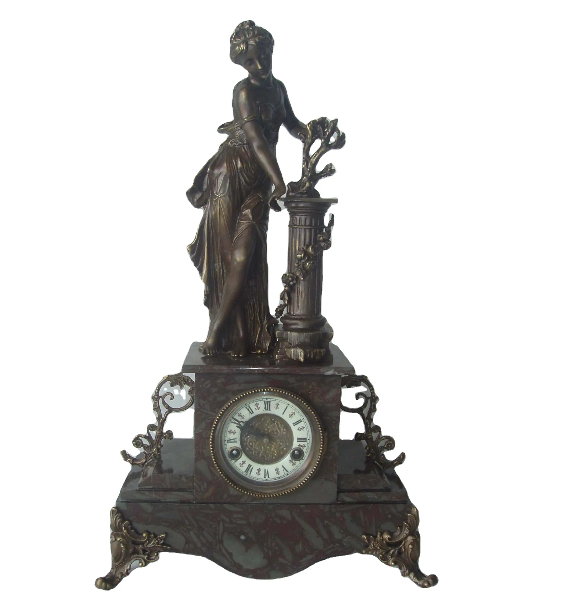Antique Classical Solid Brass Ormoulu Mechanical Movement  Vintage Lady Painting on the Table /Desk Clock