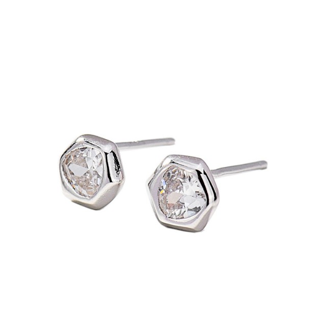 Simple style hexagonal Zircon Earrings 925 silver small fresh women's geometric Diamond Earrings