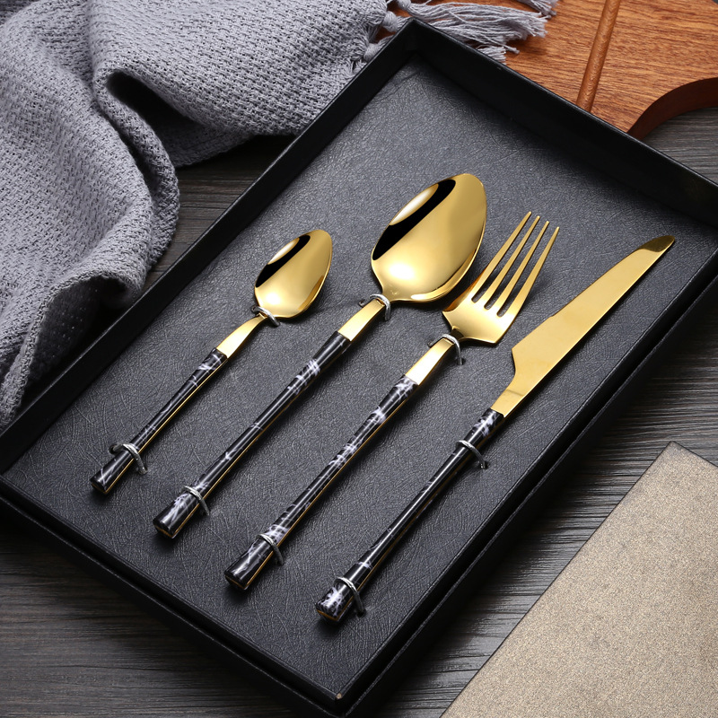 Wholesale Nordic Flatware Sets Pigment Coating Spoon Fork Knife Stainless Steel Cutlery Set Silverware Gold With Box Custom Logo