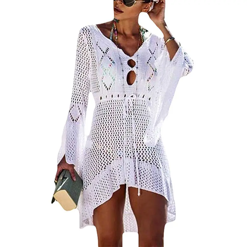 V Neck Crochet Bell Sleeve Beach Dress