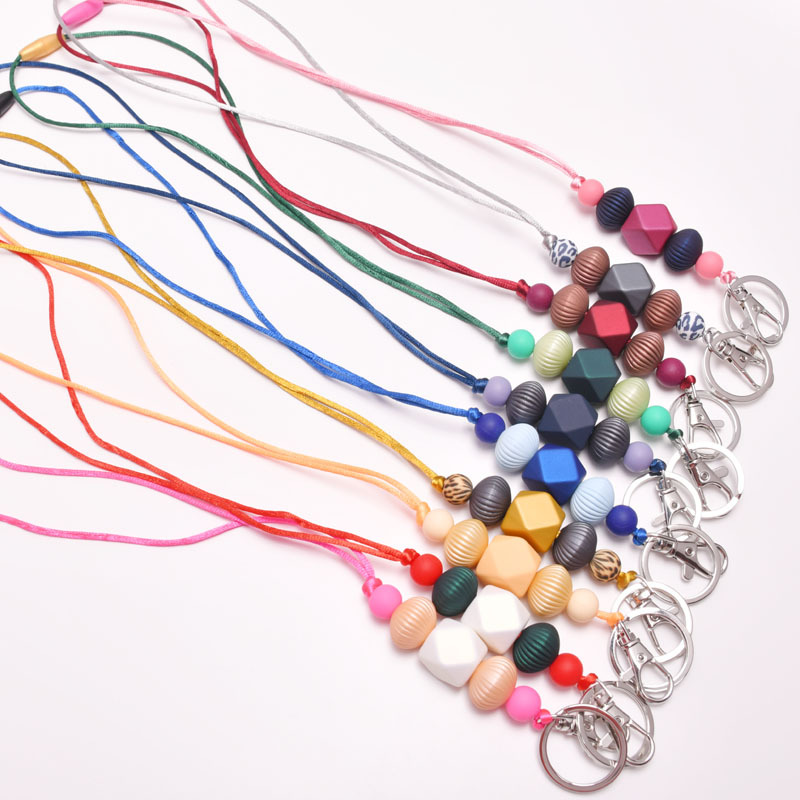 Christmas Fashion Silicone Wood Bead Keychain for Women Men Long Roep Student Teacher Adjustable Hanging Neck Key Chain Gift