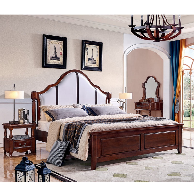American Classic Style Leather Bed Bedroom Wedding Bed Luxurious European Retro Solid Wood Carved Double bed