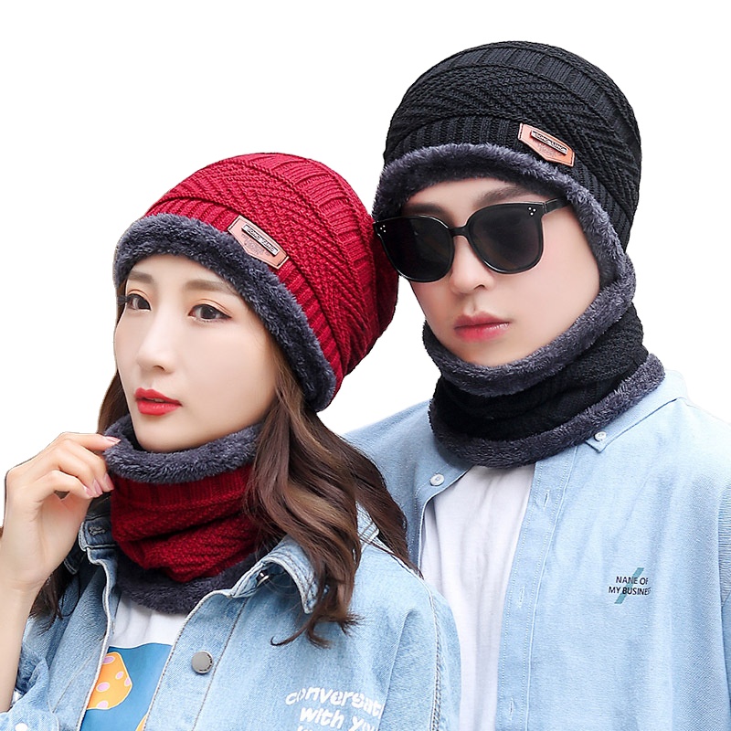 Hot sales fashion Youth Warm Thick Knitted Wool Plus Cotton Cold Bib Neck Ear scarf men women winter hat