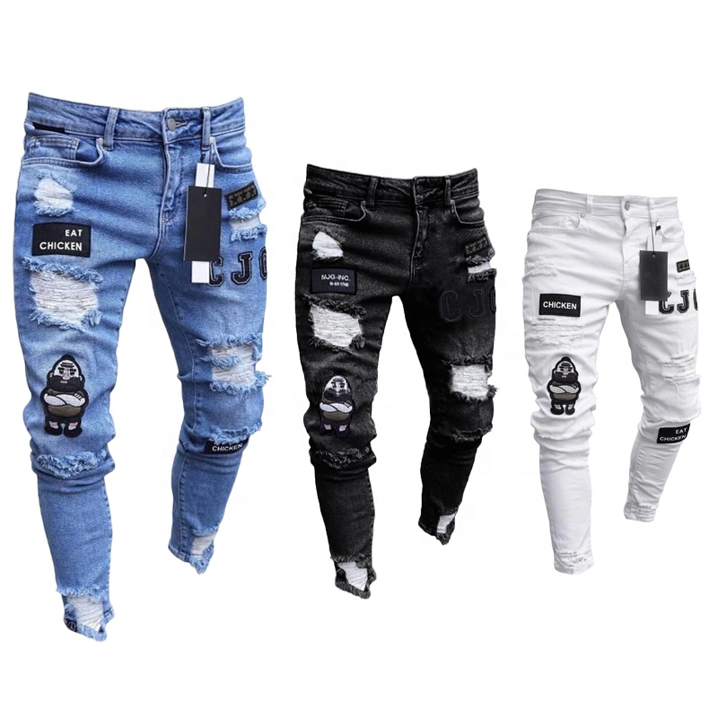 2021 high quality men slim fit embroidery jeans pants blue stretchy ripped skinny denim jeans pant