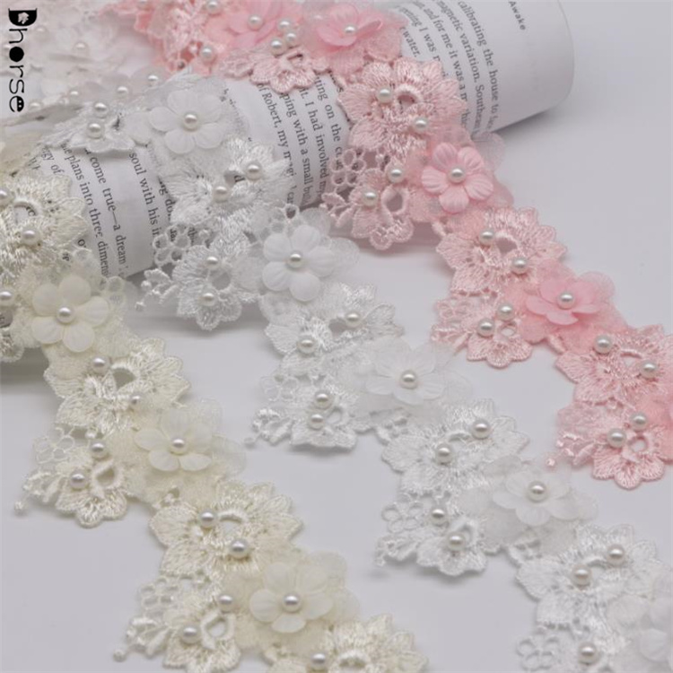 Hot sales 5cm fancy pearl beaded decorative flower lace trimming
