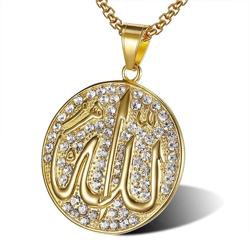 Золотой, Саудовской Аравии, культовый, Iced Allah, мусульманский, исламский, нержавеющая сталь, Cz камни, форма пламени, ожерелье, кулон для мужчин