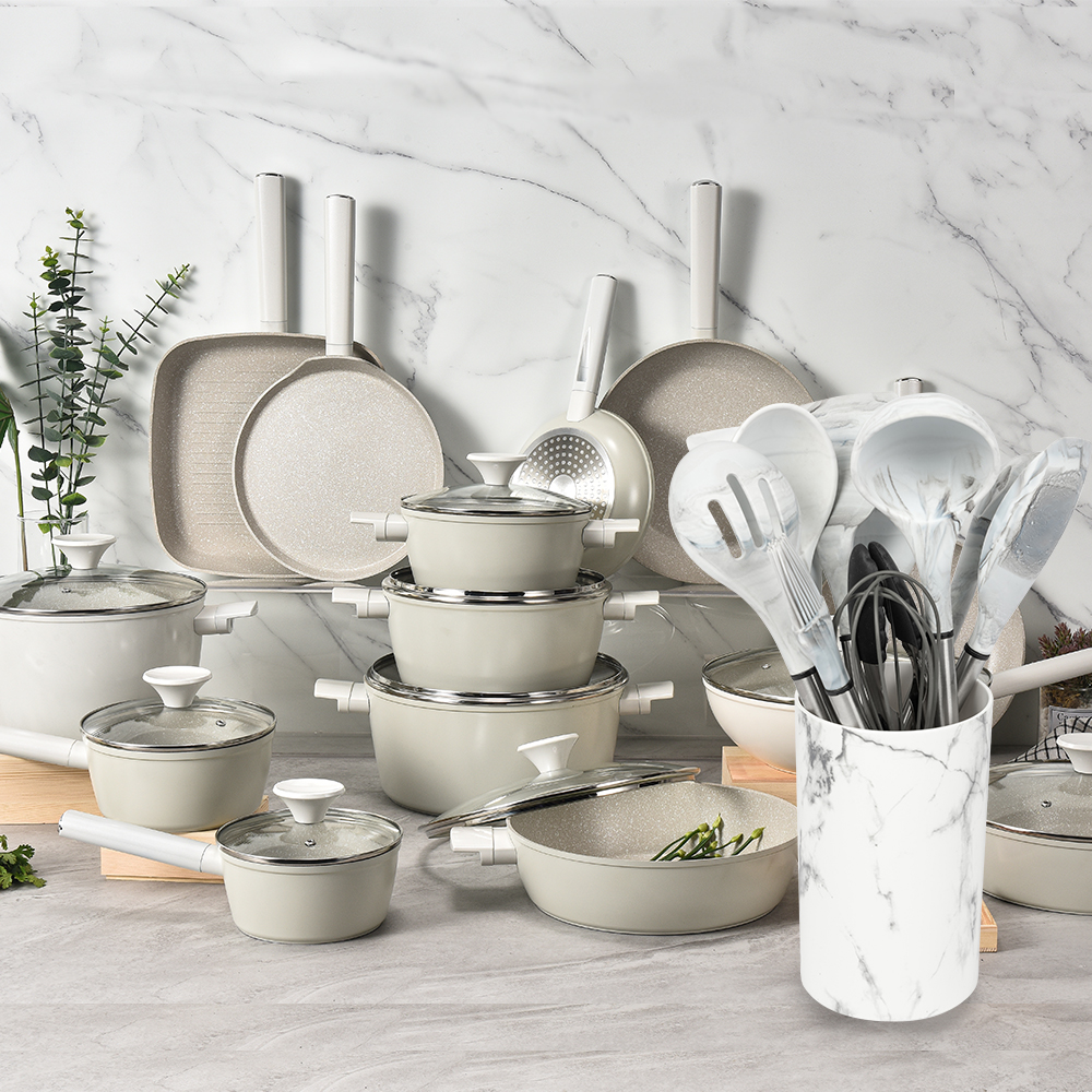 Smartpan ODM OEM Kitchen Cooking Pots And Pans White Granite Marble Coating Non-Stick Cookware Set With Silicone Utensils