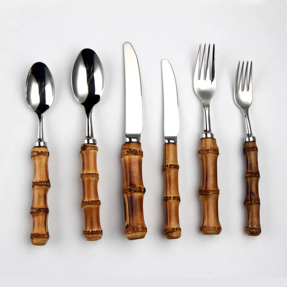 High quality 18/10 Stainless Steel Flatware Silverware Bamboo Handle Cutlery Set