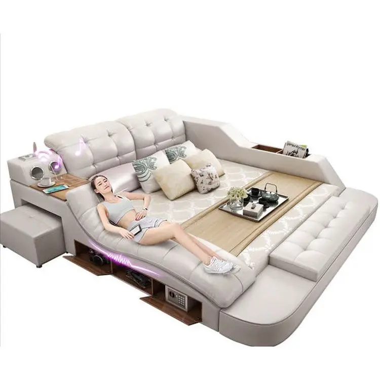 2021 living room furniture multifunction modern luxury leather tatami smart king size wood sofa massage bed with speaker