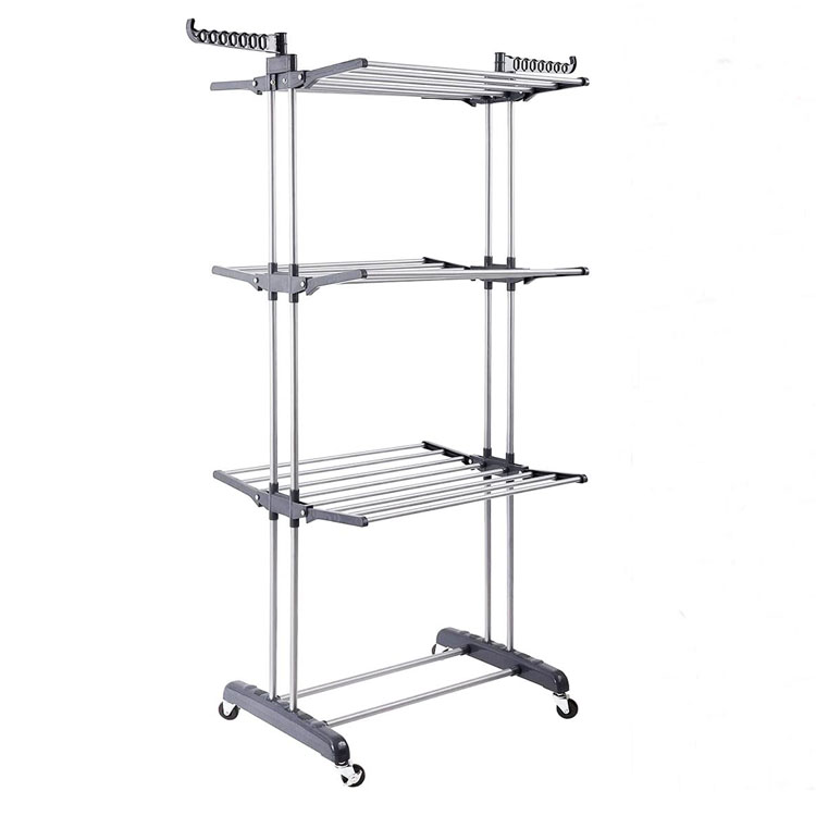 Household movable telescopic 3-layer towel rack balcony outdoor floor drying rack folding indoor hanging rack