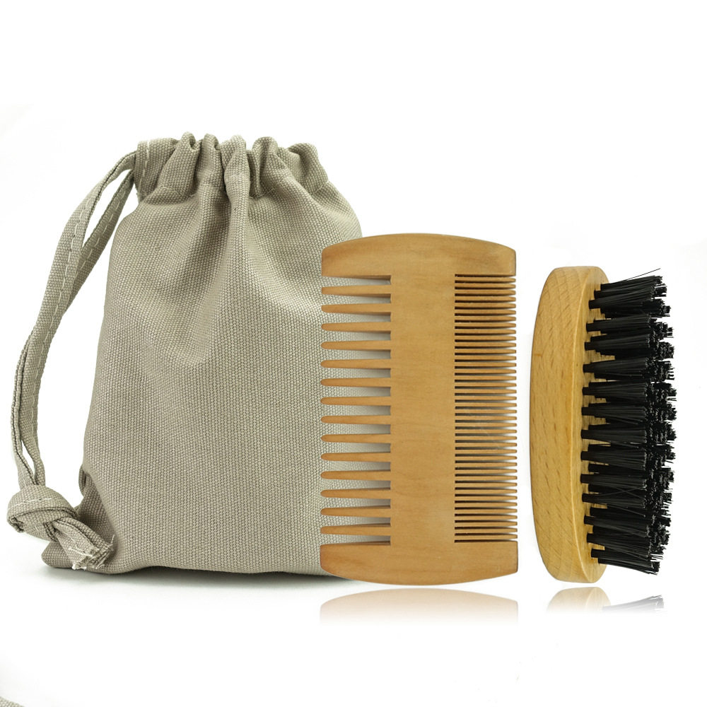 Beard growth kit Private Label Logo Mens Boar Bristle Beard Brush Set Kit Hair Wooden Professional Beard Comb Set