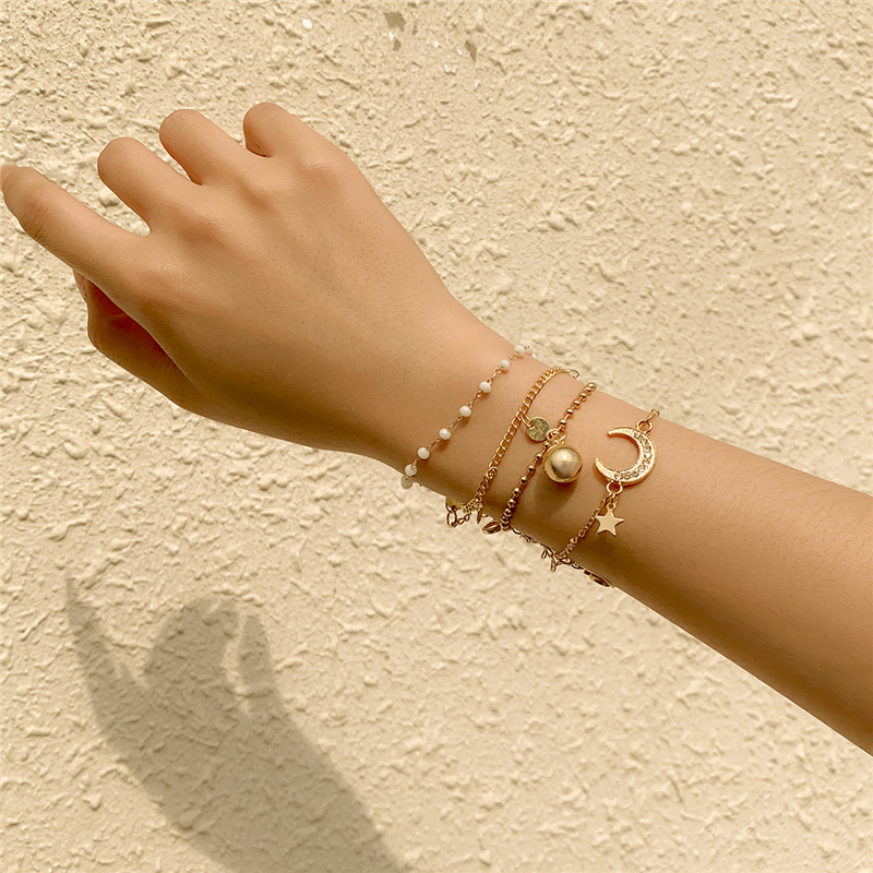 New Fashion Jewelry Set Layered Seed Beaded Bracelet Gold Chain Moon And Star Charm Bracelets