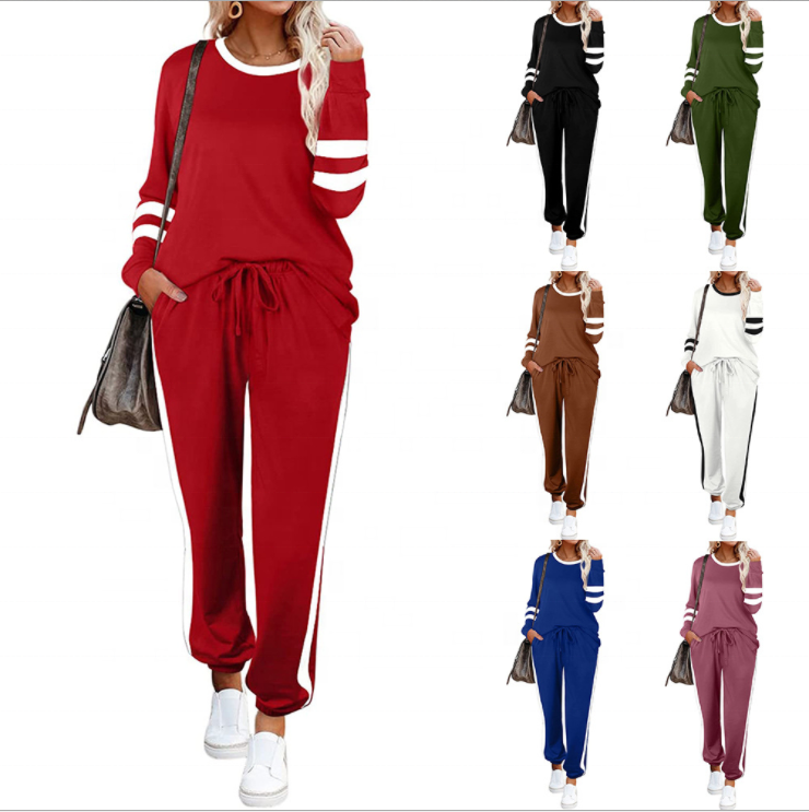Amazon Hot Sale Solid Color Loungwear Long Sleeve Trouser 2Pcs Sets Pajamas O-neck Blank Tracksuit With Pocket For Sublimation