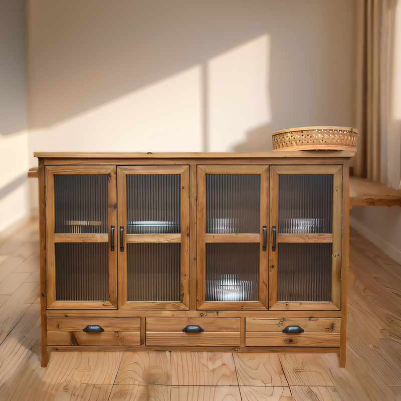 Innova Classic American Villa Living Room Recycled Pine Wood Furniture Wooden Storage Cabinet Sideboard With 4 Doors 3 Drawers