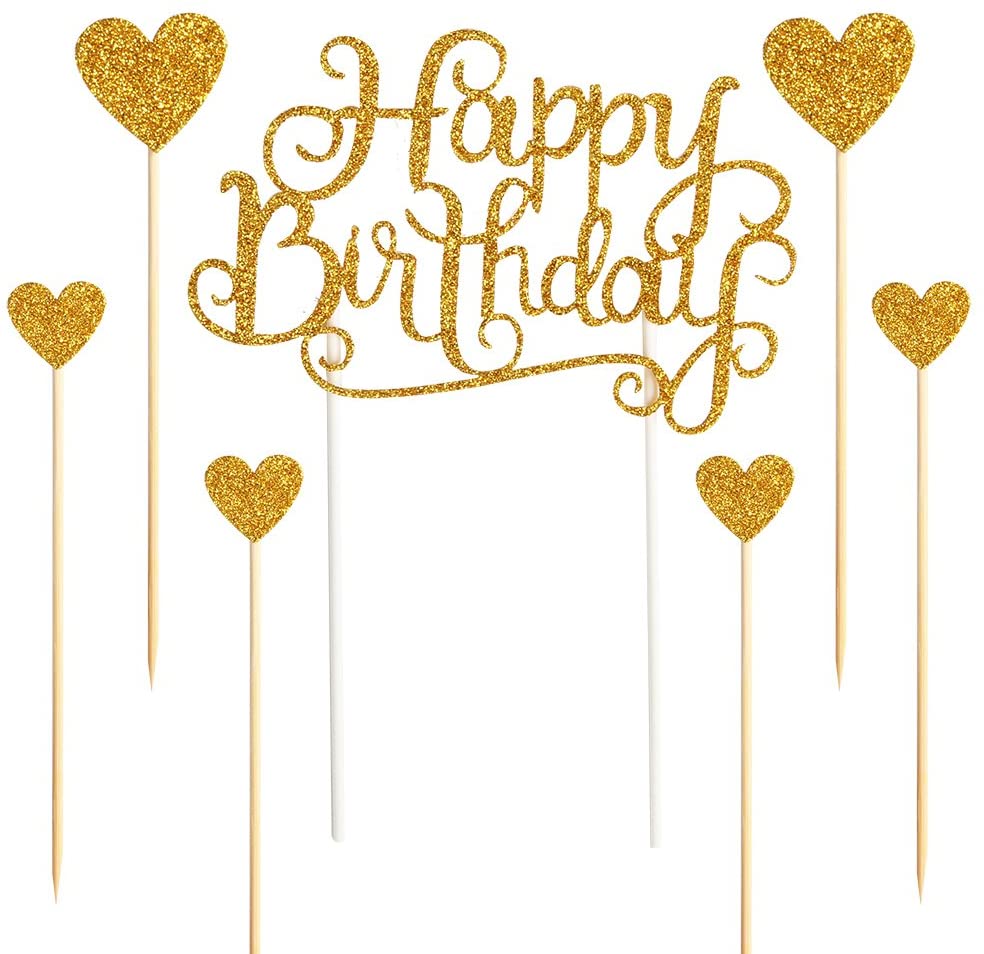 Happy Birthday Cake Toppers Gold Glitter Letters Happy Birthday and Love Star,Party Decor Decorations,Set of 7