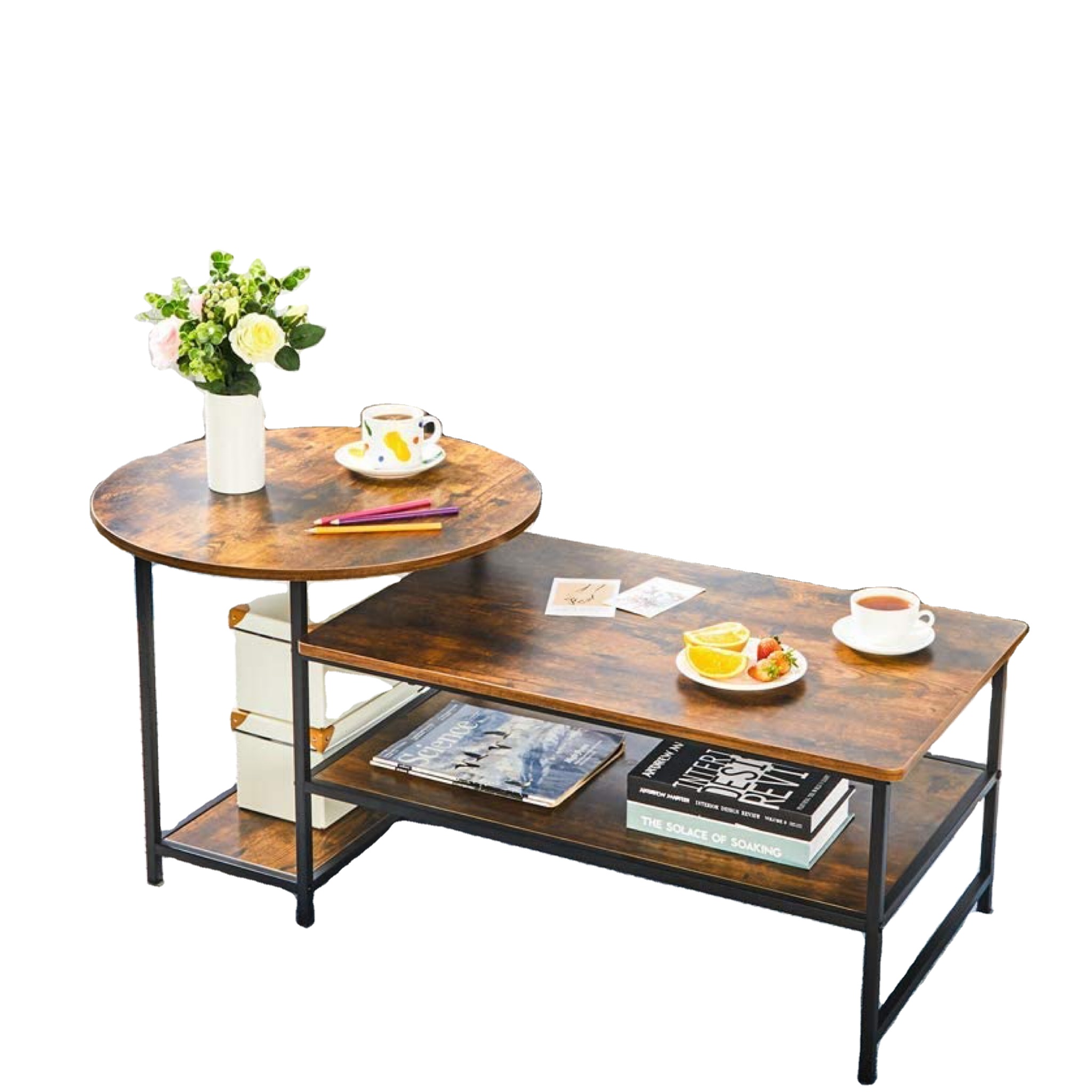 Home decoration living room entryway hallway vintage rustic metal and solid wood coffee table set furniture modern style