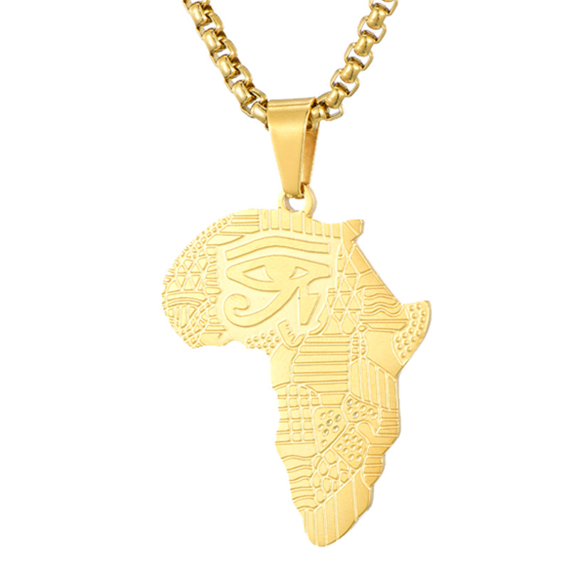European New Arrival Ancient Egyptian Stainless Steel Horus Eye Map Necklace Gold Plated African Map Pendant Necklace