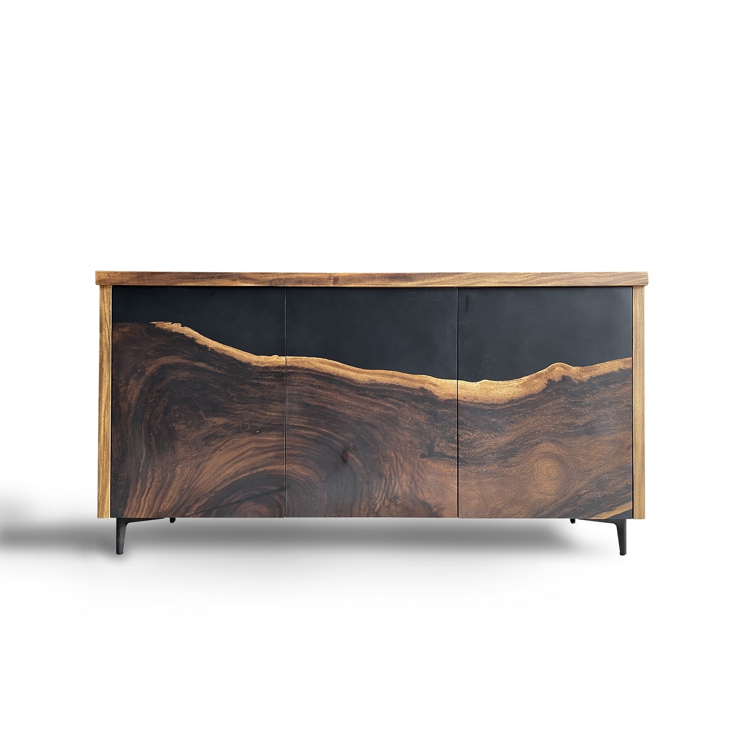 Made to order custom wood epoxy resin credenza solid Walnut Parota sideboard black resin console river table and cabinets