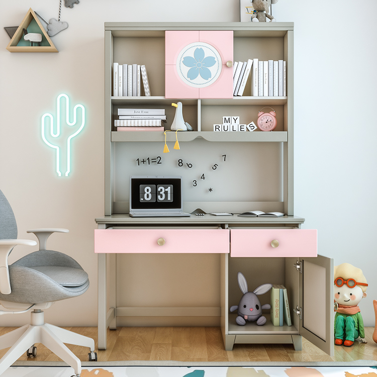 Nordic Solid Wood Desk Bookcase Combination Home Student Kids Writing Study Desk