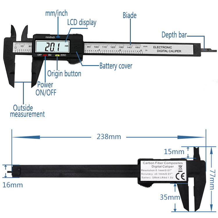 150mm 6 inch LCD Digital Electronic Carbon Fiber Vernier Caliper Gauge Micrometer Measuring Tool