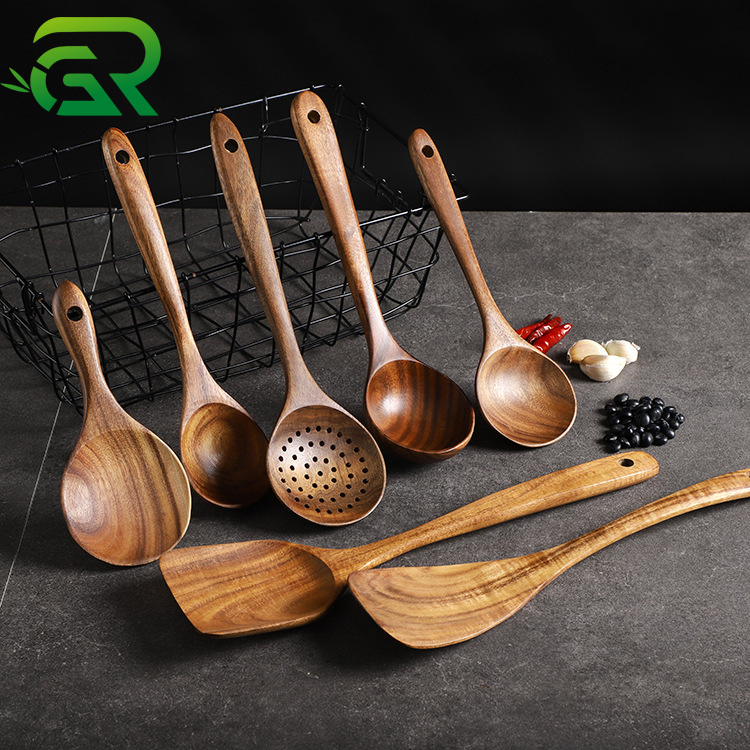 Factory Wholesale Natural Teak Wood 7 Pcs Kitchen Wooden Cooking Utensils Set With Spatula