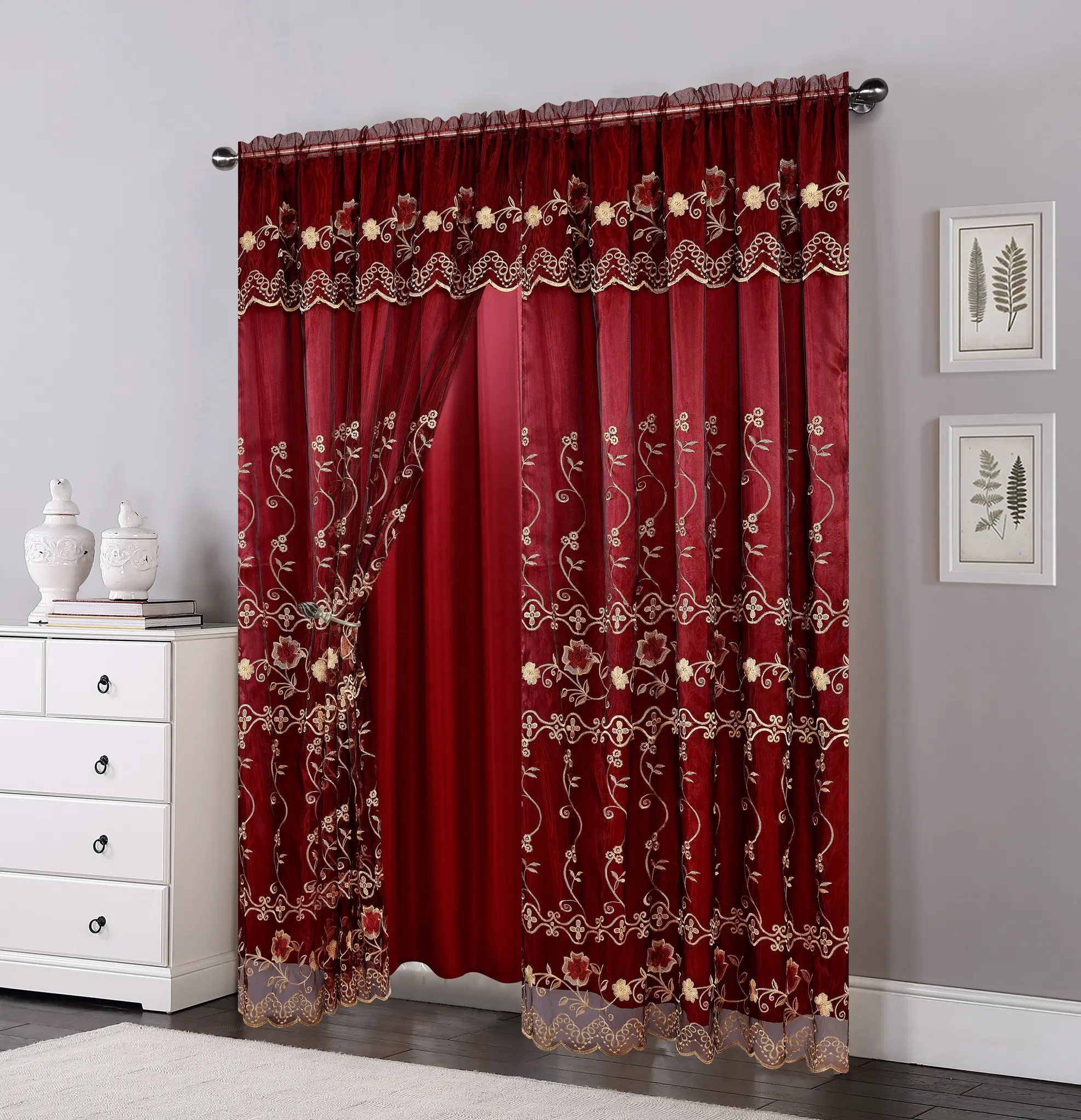 2021 Wholesale ready fancy floral tulle lace embroidery curtains for windows valance cheap sheer embroidered curtain wholesale